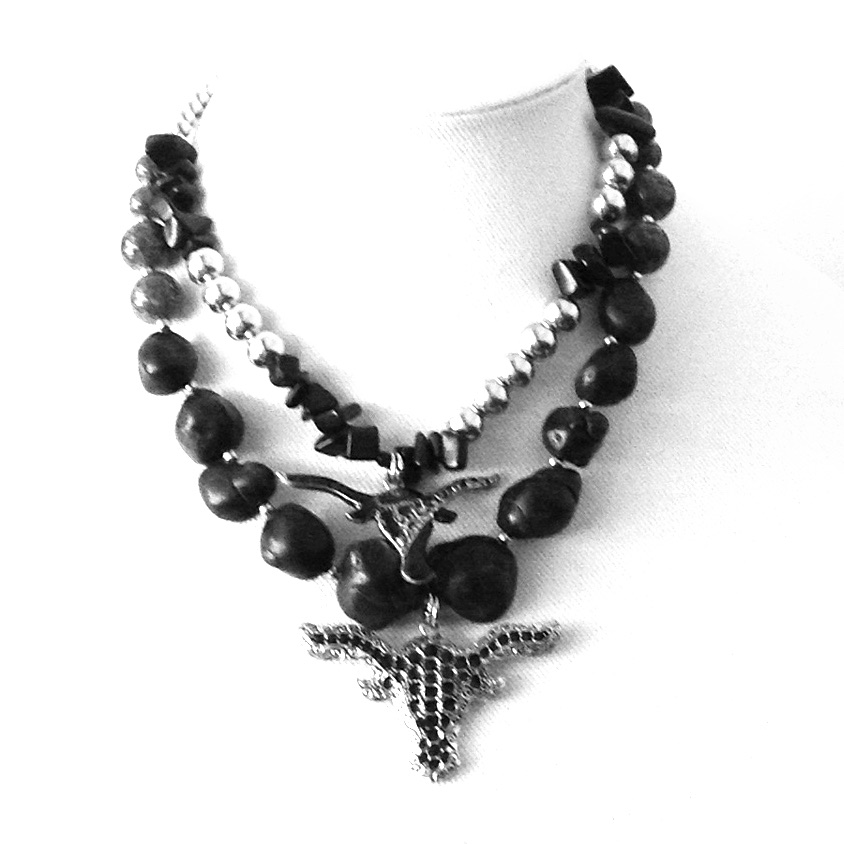 Longhorn Steers Silver  Black Rockbeads Necklace